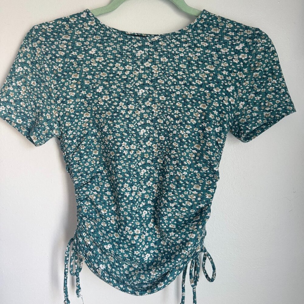 Popular 21 Small Green with White Floral Design Scrunched Top